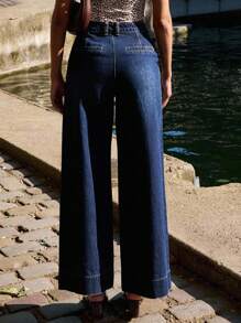 lacRébo 女士休闲高腰宽松阔腿牛仔裤外出装 - 深色水洗藍 - 查看 2