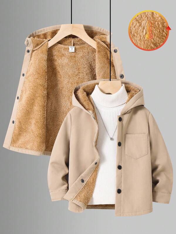 SHEIN Kids/Young Boy Casual Everyday Versatile Comfortable Fleece Lined Hooded Zip-Up Jacket, Suitable For School, Garden, Beach, Birthday, Spring, Summer, Fall, Winter