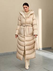 CLARA VERO Women Solid Color Belted And Pocket Detailed Long Winter Coats Women Winter Coats Winter Outfits For Women Women's Winter Coats Beige Puffer Coat Long Puffer Coat Luxury Puffer Coat Women's Beige Outfits - Beige - View 5