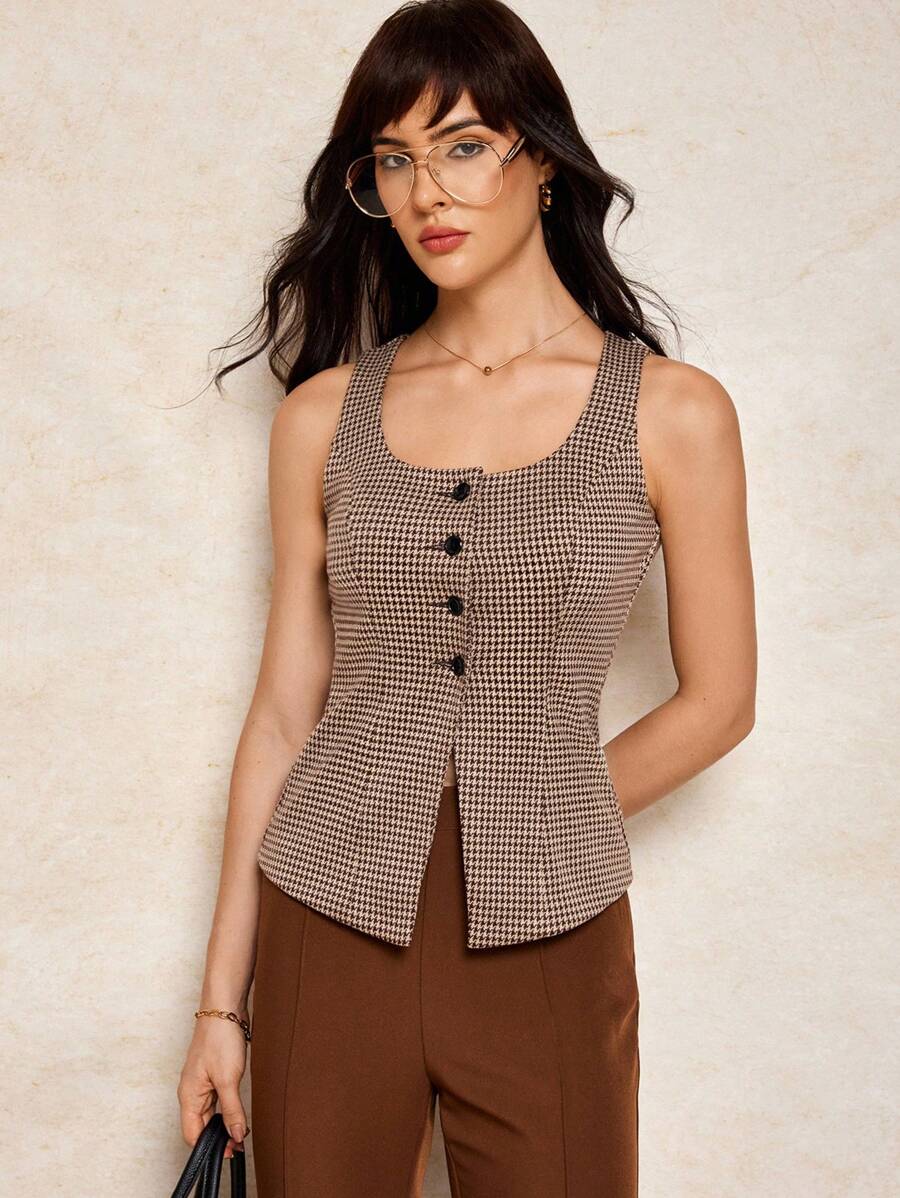 House of One Jacquard Elegant Skinny Button-Up Embellished Square Neck Tank Top Jacket Women Fall Winter Old Money Fall Outfits Business Professional Women Business Casual Woman