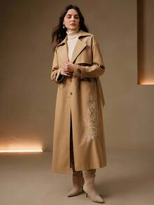 Anewsta 女士长款优雅腰部刺绣风衣，卡其色，秋冬 - 卡其色 - 查看 8