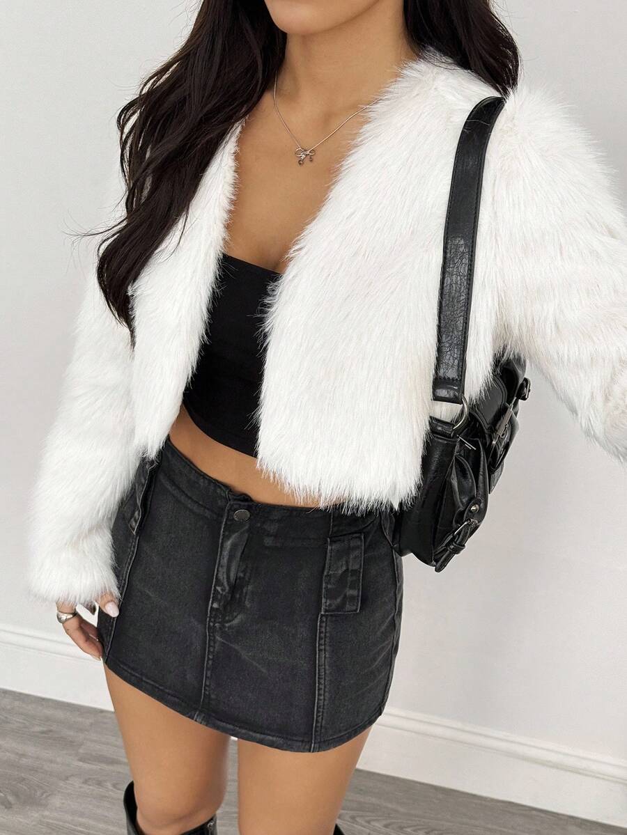 SHEIN PETITE Áo khoác nữ dáng dài tay hở phía trước màu trơn lông thú giả đi nghỉ mát Áo khoác thông thường cho nữ Áo khoác trắng Áo khoác crop top Áo khoác lông ngắn Áo khoác lông Quần áo thu đông cho nữ - trắng - Xem 1