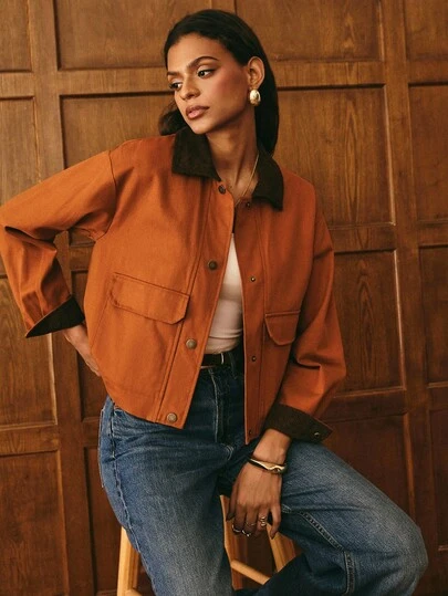 Poéselle 女士复古灯芯绒领夹克 - 棕色纽扣休闲外套、女士棕色夹克、灯芯绒领夹克、复古外套、纽扣休闲夹克、女士复古夹克、街头风格外套、90 年代秋冬风格夹克