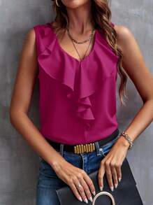 SHEIN Clasi Chemise décontractée sans manches de couleur unie avec ourlet à volants, mode d'été pour femmes