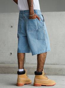 Manfinity Hypemode 男式休闲街头风格多口袋蓝色牛仔工装短裤