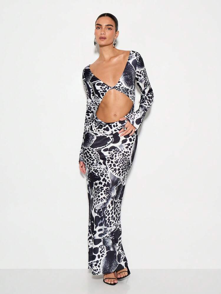 KIZN Robe de soirée maxi à imprimé animal, coupe moulante avec découpe à la taille, manches longues, robe de soirée d'hiver pour fête, mode vestimentaire de soirée formelle et pour le club