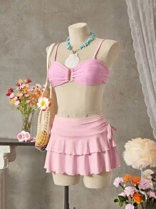 SHEIN Swim 女士 2 件套泳衣套装，细肩带纯色泳衣上衣和三角泳裤 - 粉色 - 查看 7