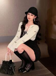 DAZY 女士蝴蝶结装饰系带短款针织开衫，带蝴蝶结，秋冬款 - 白色 - 查看 6