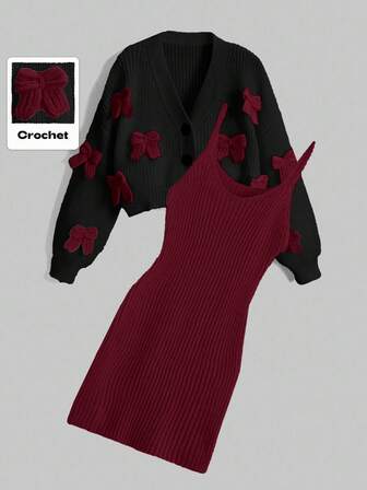 Kawaii 2pcs Women's Bow Decor Drop Shoulder Long Sleeve Knitted Cardigan And Knitted Slip Dress Set