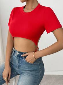 SHEIN LUNE 女士性感短款纯色圆领长袖T恤 - 紅色 - 查看 3