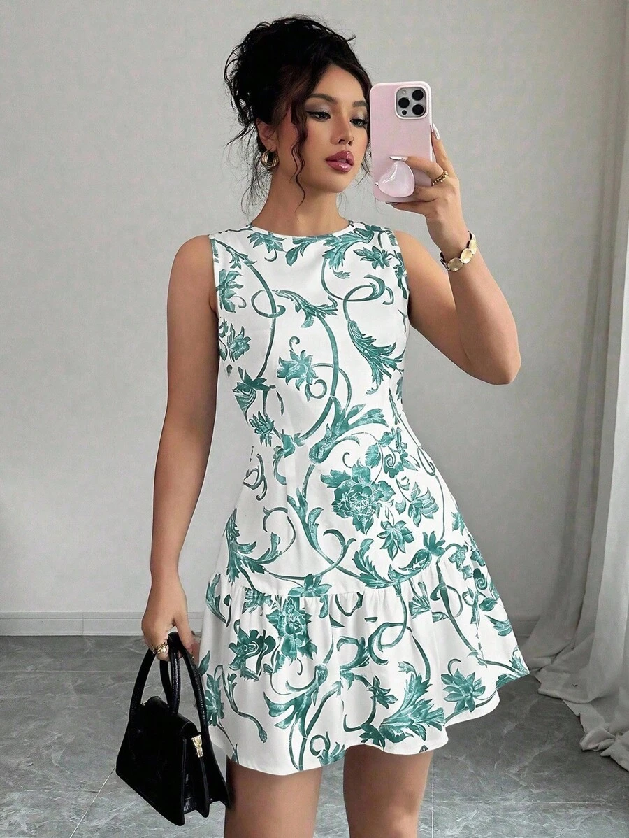 Elenzga 最新款花卉印花圆领无袖收腰女式迷你连衣裙，春夏