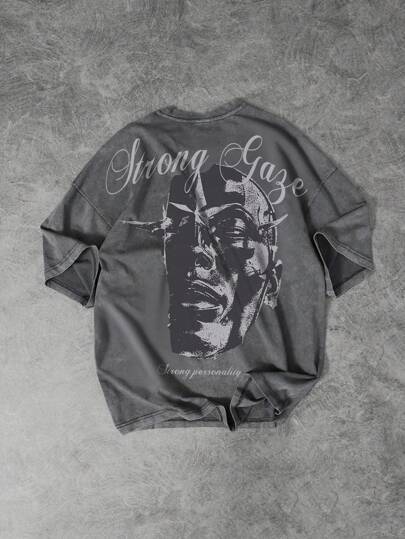 Street Life تي شيرت رجالي كاجوال بطبعة صورة وحرف على الرقبة المستديرة وأكمام قصيرة