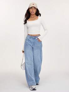 SHEIN BASICS 3件套纯色针织长袖修身圆领短款女式T恤 - 黑色 - 查看 6