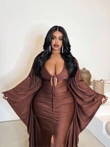 Maweii 大码深 V 领休闲优雅开衩下摆修身连衣裙 - 咖啡棕 - 查看 3