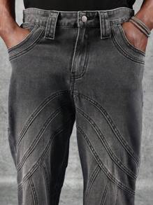 SUMWON Grunge风格阔腿喇叭牛仔裤，宽松版型，拼接牛仔布，复古Y2K都市街头风，做旧毛边裤脚，纯色 - 黑色 - 查看 7