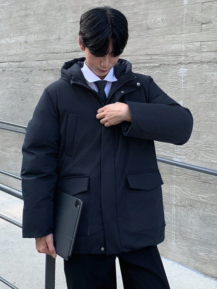 Navy Blue Hooded Thick Padded Coat With Large Pockets For Men, Winter Jacket Business Attire