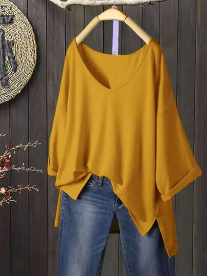 SHEIN Büyük Beden Kadın Günlük V Yaka Bol Tişört Yan Yırtmaçlı, Turuncu