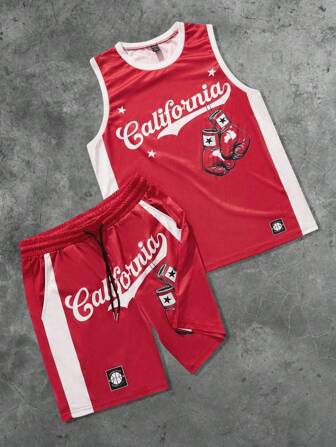 Street Life Men's Street Style American Casual Graphic Print Tank Top And Fighting Gloves Basketball Jersey Set