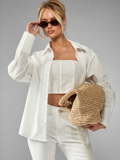 MISSGUIDED Long Sleeve Button Down Corset Style Blouse Oversized White Shirt Business Casual Office Wear Fall Winter Chic Professional Top Tailored Workwear