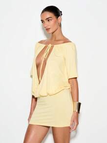KIZN 低胸迷你 T 恤连衣裙，前部系带设计，适合夏季俱乐部晚会派对，紧身修身短袖 - 淡黃色 - 查看 1