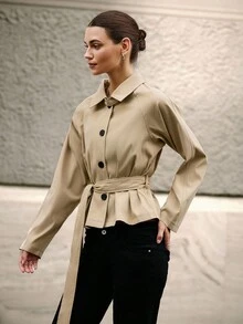 Hanevo Khaki Long Sleeve Belted Collar Women's Regular Jacket Fall Winter Cloth For Women - Khaki - View 6