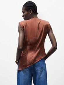 Lumivelle Women's Summer Commuter Striped Ruffle Asymmetrical Hem Blouse Maillard Style Summer Brown Clothes For University - Brown - View 2