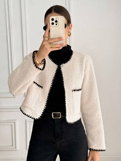 Serisse Chaqueta casual de mujer con bolsillo y adorno floral en las mangas largas, ideal para otoño, vuelta al colegio, conciertos country, casual de negocios, maestras, citas, cumpleaños, brunch y estilo western