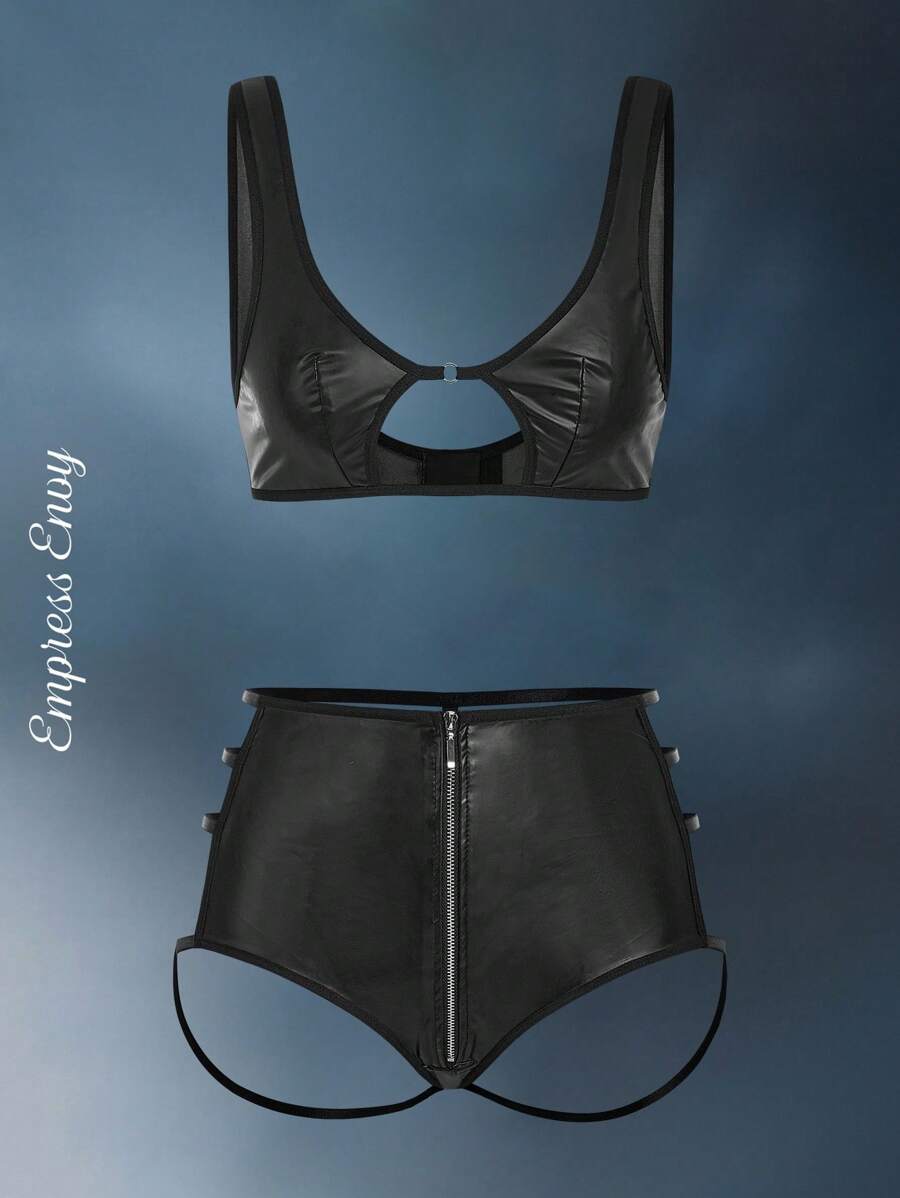 Bộ đồ lót gợi cảm hở lưng bằng da PU có dây kéo quyến rũ cho câu lạc bộ độc thân dành cho phụ nữ - màu đen - Xem 1