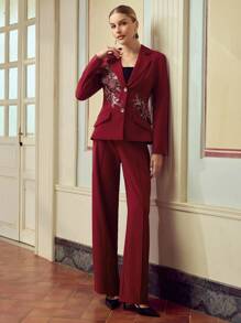 ZEYLAH 2pcs Elegant Red Embroidered Jacket & Pants Suit Set Fall Cloth For Women - Burgundy - View 6