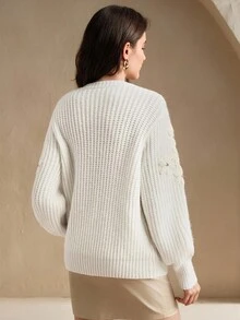 Anewsta New Autumn/Winter Solid Color Knitted Sweater, Handmade Fashion 3D Crochet Design Loose Long Sleeve Pullover For Women - White - View 2