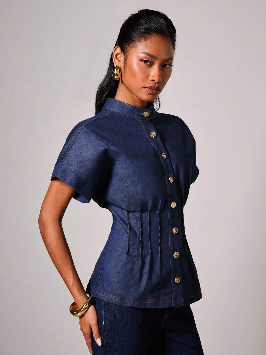 COSMINA Women's Stand Collar Batwing Sleeve Fashionable Denim Effect Waist Top - Blue - View 1