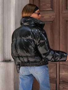 EURMUSE Áo khoác mùa đông thường ngày tay dài màu trơn bóng có khóa kéo phía trước dành cho nữ - màu đen - Xem 2