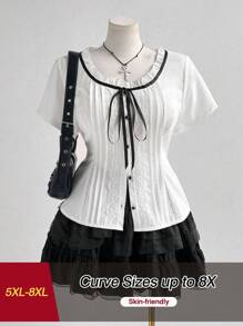 SHEIN CURVE+ 全新时尚甜美可爱百搭蝴蝶结优雅度假白色蕾丝花边圆领泡泡袖设计衬衫上衣，前开口，修腰，适合女士 - 白色 - 查看 1