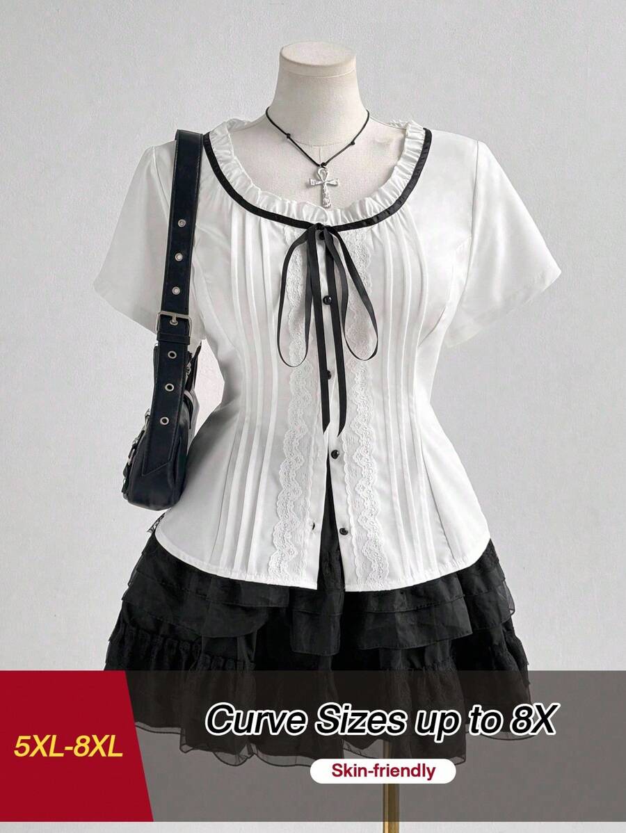 SHEIN CURVE+ 全新时尚甜美可爱百搭蝴蝶结优雅度假白色蕾丝花边圆领泡泡袖设计衬衫上衣，前开口，修腰，适合女士 - 白色 - 查看 1