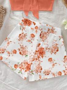 Soleia Portocaliu vintage cu model floral, stil vintage, casual, sexy, drăguț, Y2K, Coconutgirl, Boho, festival de muzică, potrivit pentru vară, femei, set de 2 piese, ținute de vacanță, femeie, set de 2 piese floral, set de două piese - Multicolor - Vizualizare 3