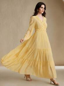 Anewsta Váy dài nhẹ nhàng, phong cách nghỉ dưỡng thanh lịch, màu vàng kem, nhiều lớp, đính ren và đá giả kim cương, dành cho nữ, mùa thu/đông - Vàng nhạt - Xem 5