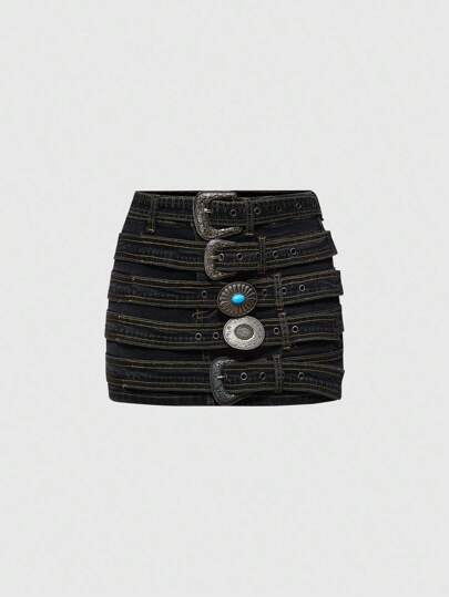 J-Fashion تنورة قصيرة ذات خصر منخفض مزودة بحزام وإبزيم بطراز غربي ياباني غايرو أفانت غارد