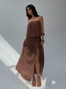 Aloruh Women's New Arrival Sleeveless Solid Color Dress, Summer Clothing, Backless Dress With Drapery Design, Long Dress With Umbrella Hem, Sheer Dress - Brown - View 7