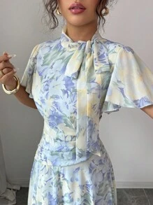 Modelyn Váy xòe cổ bèo buộc eo tay bồng cho nữ - Màu xanh lam - Xem 5