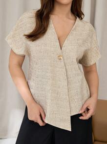 Auralis 大码女式单扣蝙蝠袖宽松休闲衬衫 - 杏色 - 查看 4