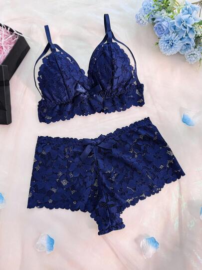 Seduluxe Bloemen Kanten Cut Out Bow Front Verleidelijke BH Boyshorts Lingerie Set view 6
