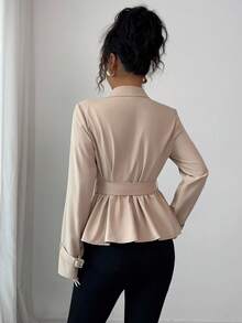 Elenzga 卡其色褶皱束腰双排扣优雅公主线长袖风衣 - 卡其色 - 查看 2