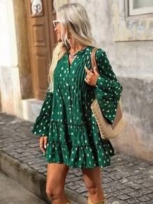 Brillora Damen Urlaubs-Lässig Polka Dot Muster Weite Ärmel Kurzes Kleid - Grün - Übersicht 7
