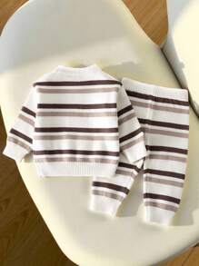 SHEIN Vintaside Kids 2 件婴儿男童/女童条纹针织毛衣和裤子套装，舒适圆领长袖套头衫和配套裤子，休闲装适合秋冬季，日常穿着，居家，户外，旅行，上学 - 彩色 - 查看 2