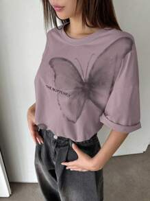 DAZY 蝴蝶与口号图案落肩 T 恤 THE BUTTERFLY 超大 T 恤 - 淺灰紫 - 查看 5