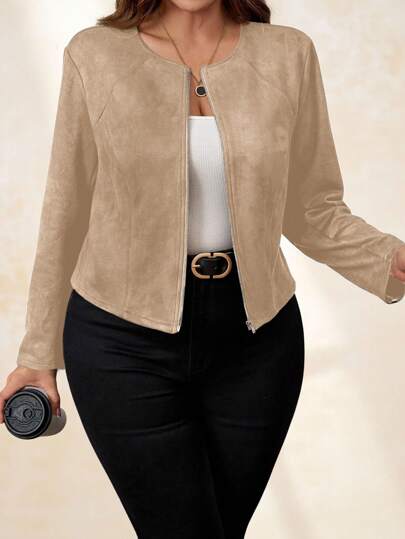 SHEIN Clasi Plus Size Women's Black Suede Jacket, Elegant For Daily Commute And Business Attire Women Suede Jacket Women Zip Up Jacket Cropped Jacket Women Casual Jacket Women Tan Jacket Women,Fall Clothes For Women Winter Autumn