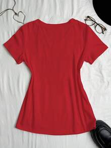 SHEIN EZwear Women's Casual Slogan Graphic T-Shirt, Summer - Red - View 2