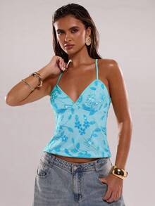 SHEIN BAE Women's Summer Sequin & Floral Embellished Camisole Top - Blue - View 3