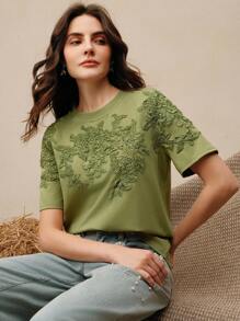 Anewsta Women's Elegant Modern Loose Round Neck T-Shirt Top With Embroidered Applique Design, Summer