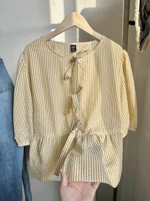 Comfortcana Plus Size Women Casual & Commute Bowknot Tie Front Blouse, Summer,Back To School - Ginger - View 4